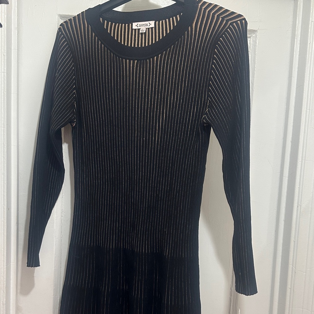 Nanette Lepore Black and Tan Striped Long Sleeve Dress